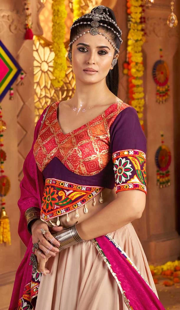 Beige Viscose Rayon Embroidery Navratri Chaniya Choli - 158618902