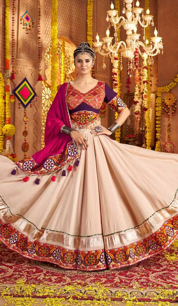 Beige Viscose Rayon Embroidery Navratri Chaniya Choli - 158618902