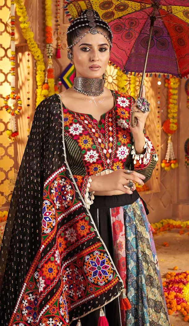 Multi Color Viscose Rayon Embroidery Navratri Chaniya Choli - 158618903