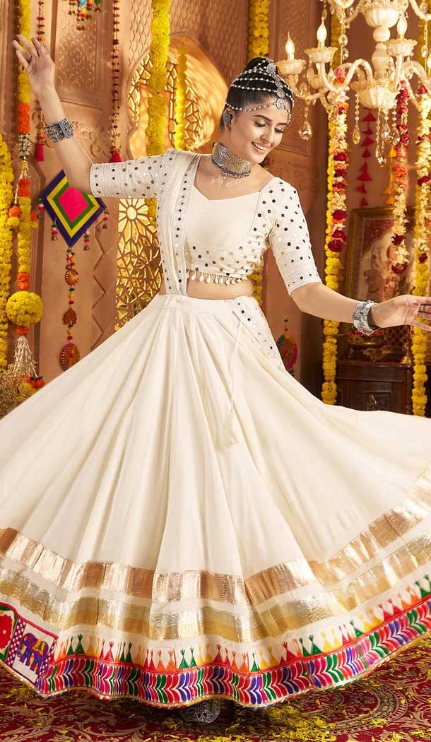 Off White Viscose Rayon Embroidery Navratri Chaniya Choli - 158618904
