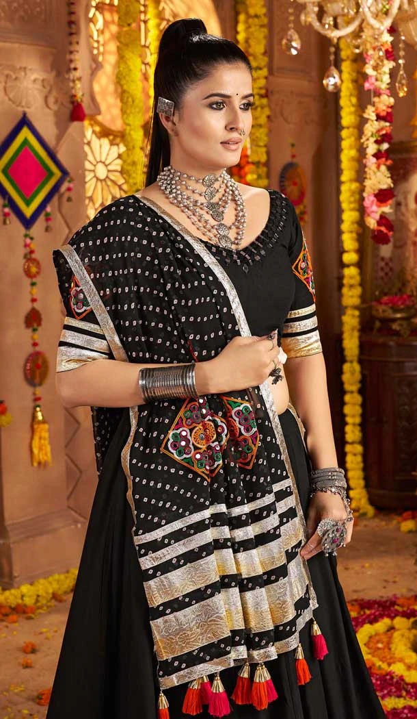 Black Viscose Rayon Embroidery Navratri Chaniya Choli - 158618905