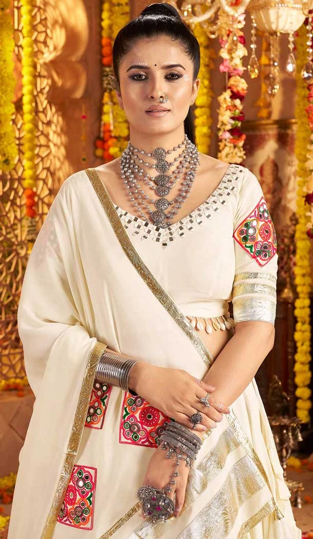 Viscose Rayon Embroidery Navratri Chaniya Choli In Off White - 158618906
