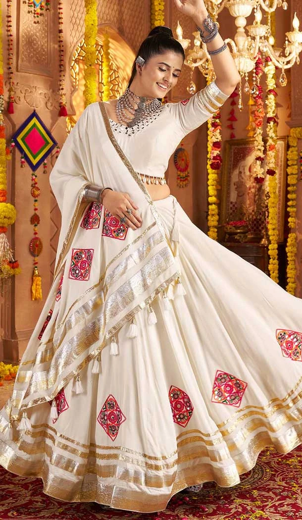 Viscose Rayon Embroidery Navratri Chaniya Choli In Off White - 158618906