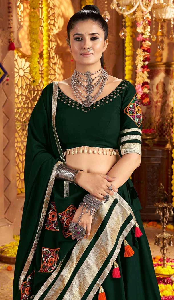 Green Viscose Rayon Embroidery Navratri Chaniya Choli - 158618907