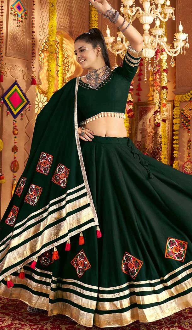 Green Viscose Rayon Embroidery Navratri Chaniya Choli - 158618907