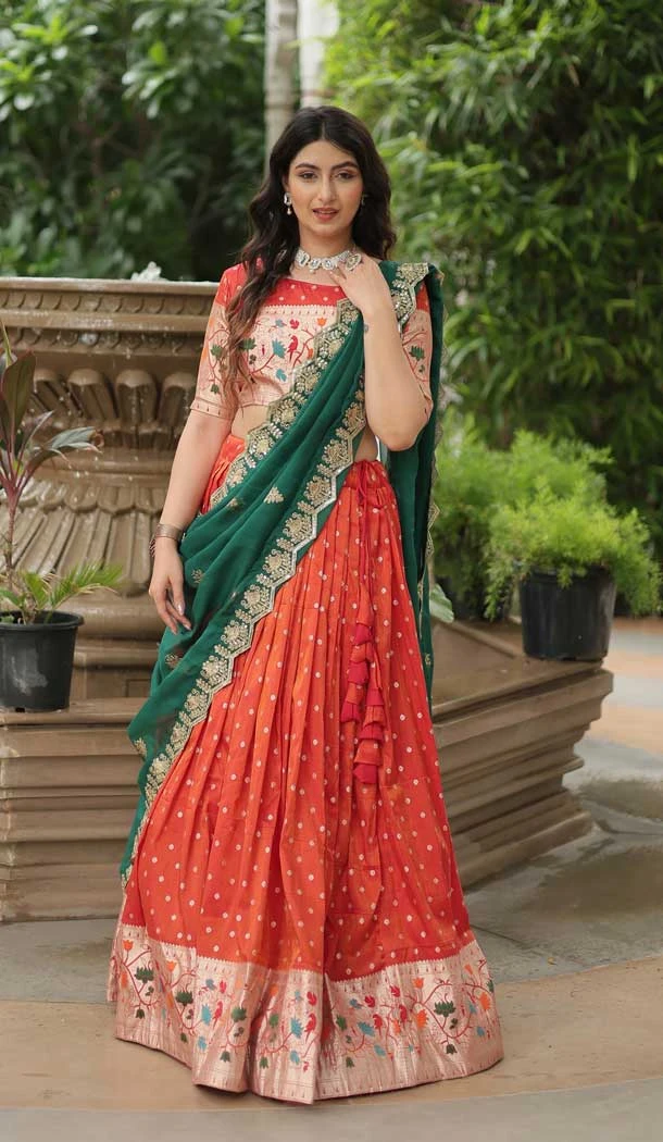 Jacquard Embroidery Work Party Wear Lehenga Choli In Orange - 149052675