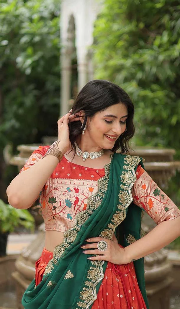 Jacquard Embroidery Work Party Wear Lehenga Choli In Orange - 149052675