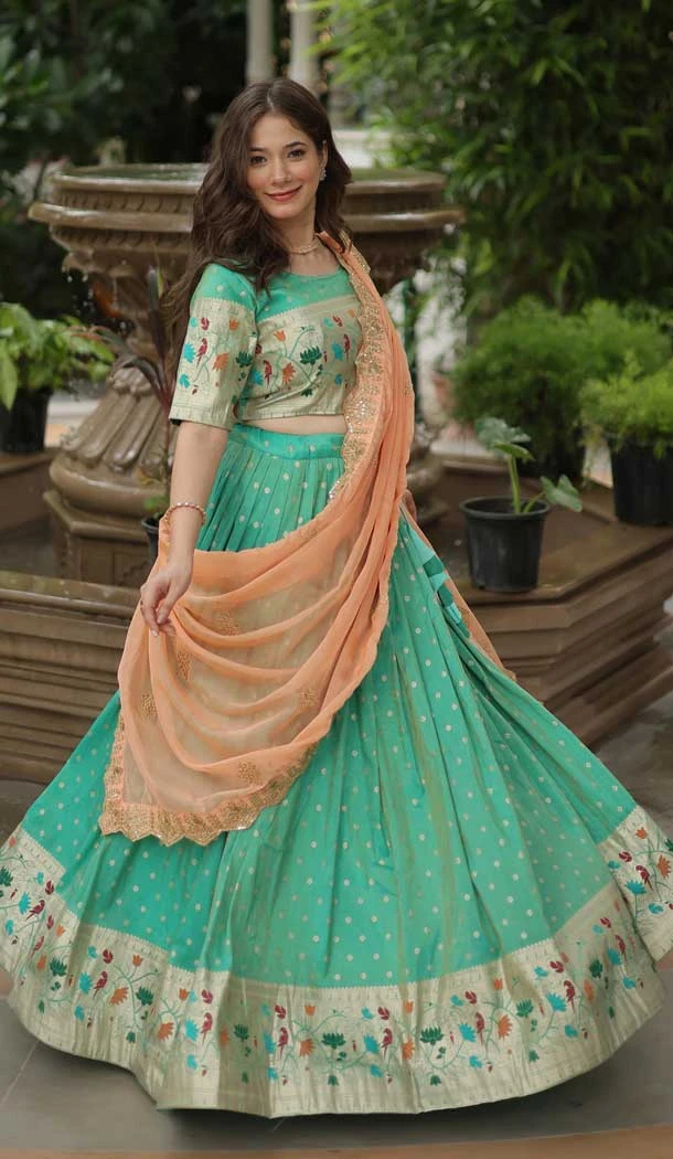 Jacquard Embroidery Work Party Wear Lehenga Choli In Sea Green - 149052676