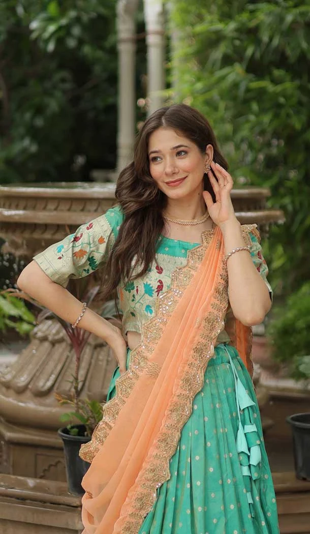 Jacquard Embroidery Work Party Wear Lehenga Choli In Sea Green - 149052676
