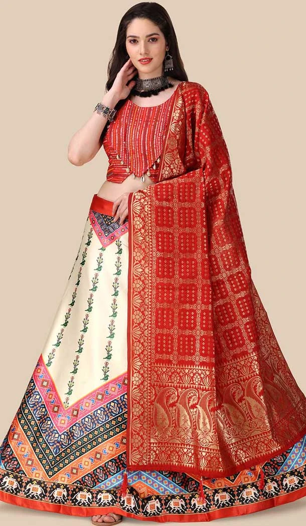 Cream Satin Silk Navratri Lehenga With Sequence Embroidery Work - 151514256