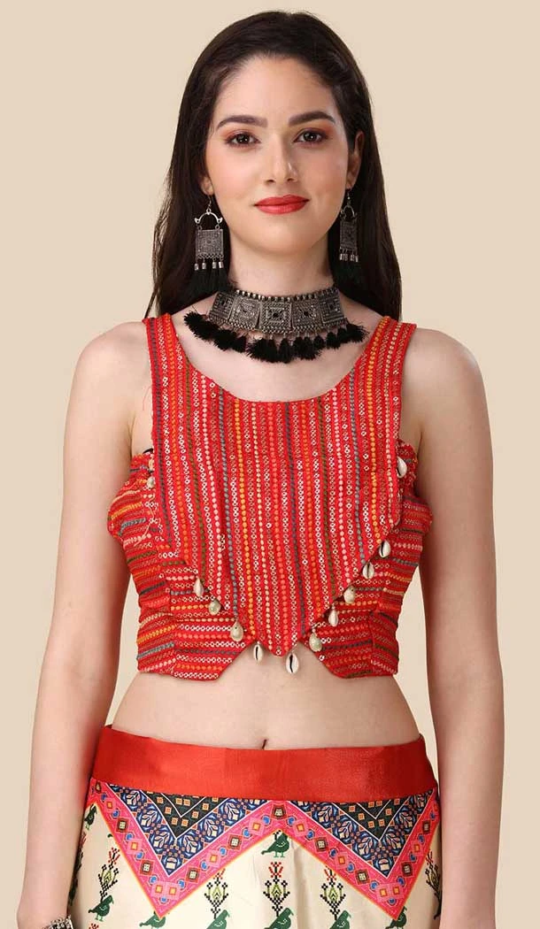 Cream Satin Silk Navratri Lehenga With Sequence Embroidery Work - 151514256