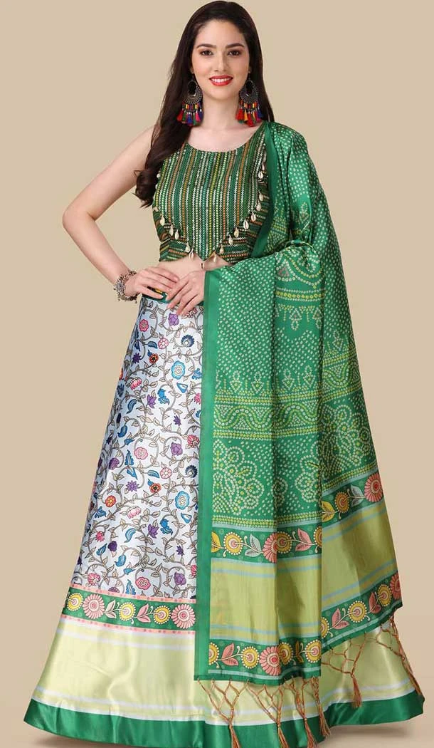 Satin Silk Navratri Green Color Lehenga With Sequence Embroidery Work - 151514260