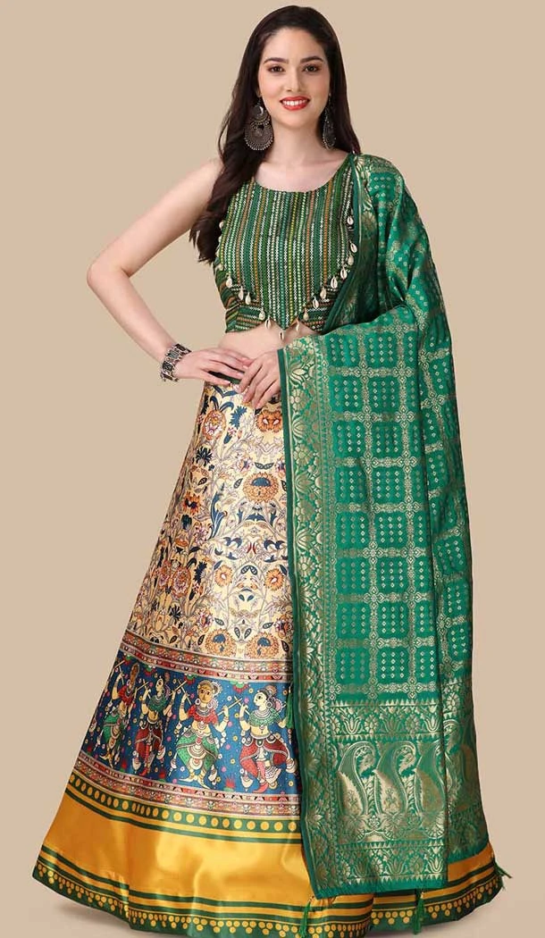 Rama Green Color Satin Silk Navratri Lehenga With Digital Print Work - 151514263