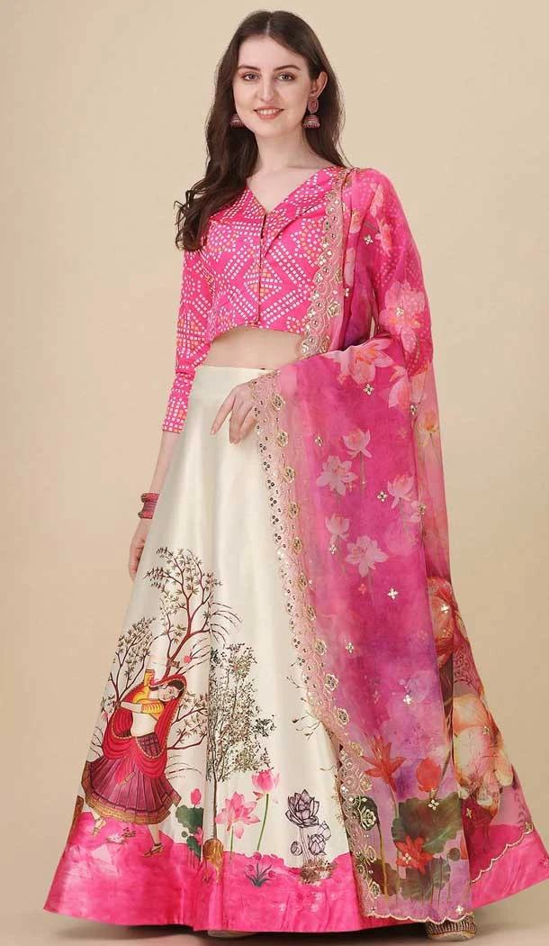 Pink Satin Silk Printed Party Wear Navratri Lehenga Choli - 152154721
