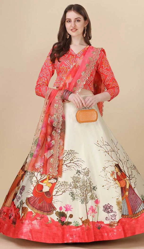 Red Satin Silk Printed Party Wear Navratri Lehenga Choli - 152154722