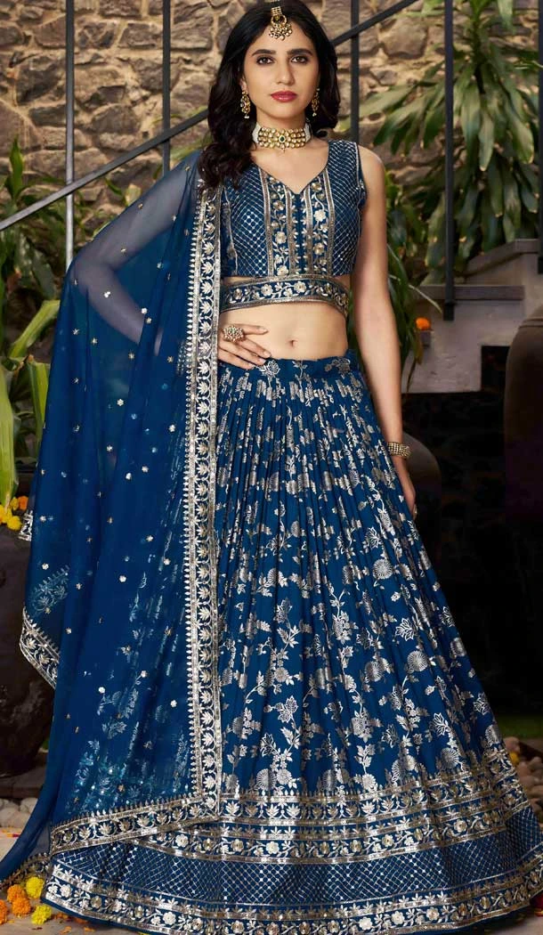Dove Blue Dola Silk Embroidery Work Designer Wear Lehenga Choli - 158438803