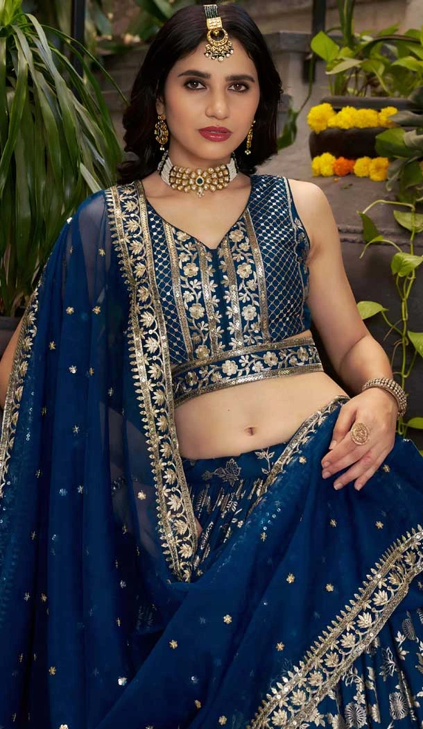 Dove Blue Dola Silk Embroidery Work Designer Wear Lehenga Choli - 158438803