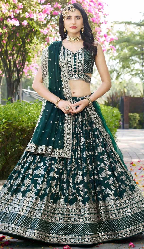 Green Dola Silk Embroidery Work Designer Wear Lehenga Choli - 158438804