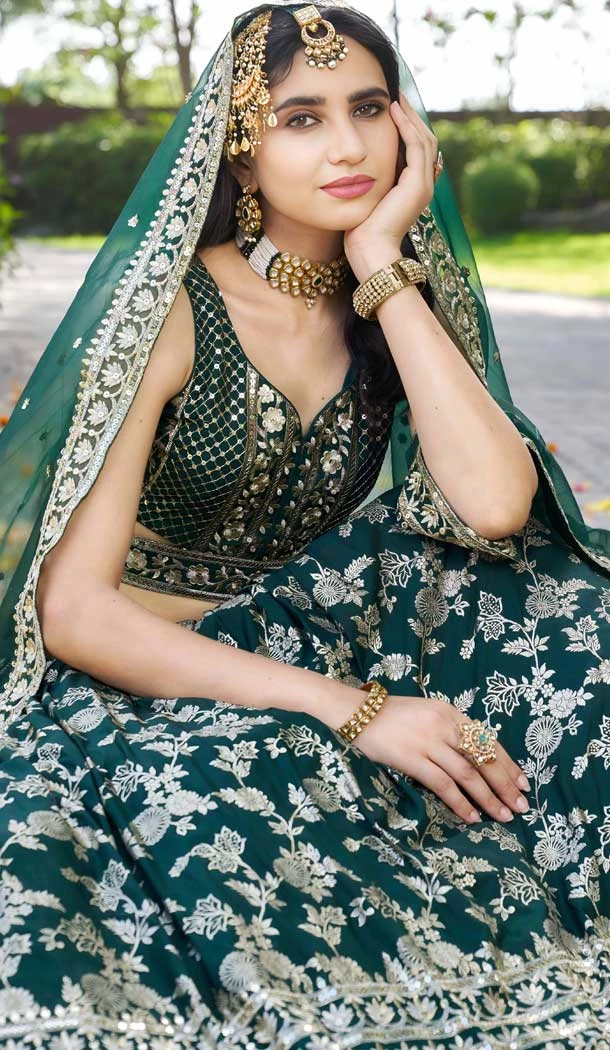 Green Dola Silk Embroidery Work Designer Wear Lehenga Choli - 158438804