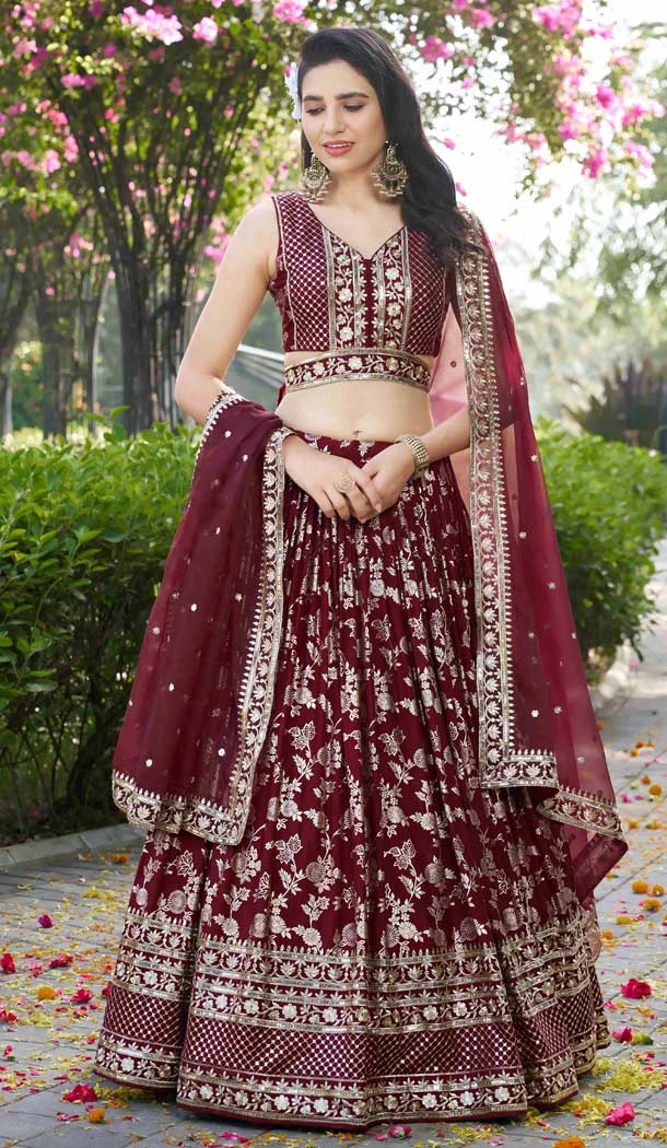 Maroon Dola Silk Embroidery Work Designer Wear Lehenga Choli - 158438806