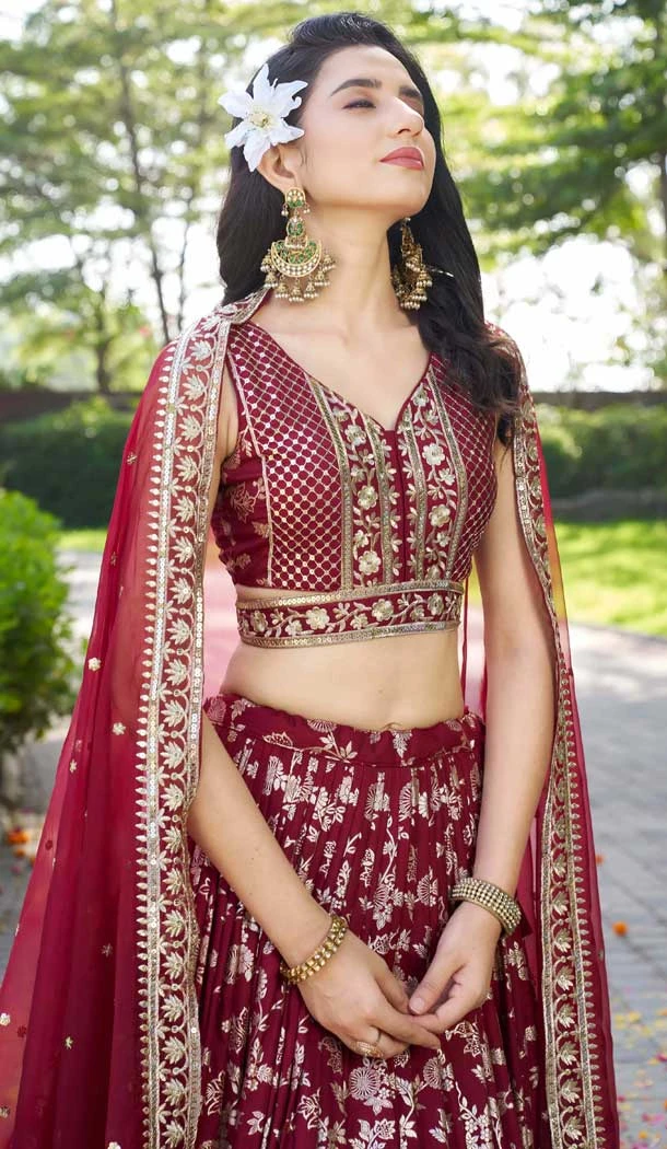 Maroon Dola Silk Embroidery Work Designer Wear Lehenga Choli - 158438806