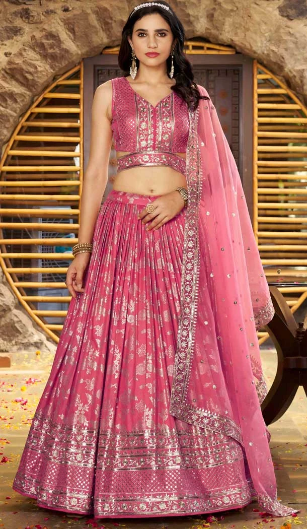 Peach Dola Silk Embroidery Work Designer Wear Lehenga Choli - 158438807