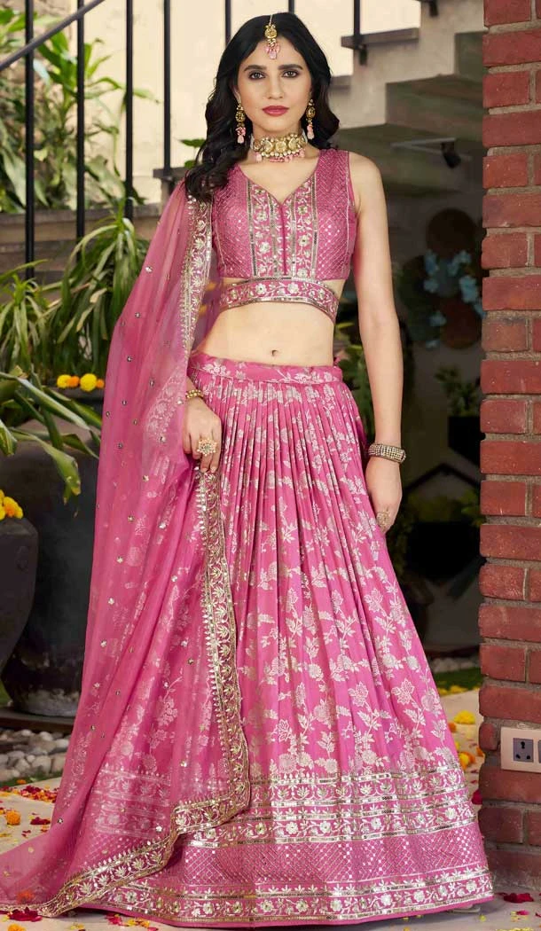 Pink Dola Silk Embroidery Work Designer Wear Lehenga Choli - 158438808