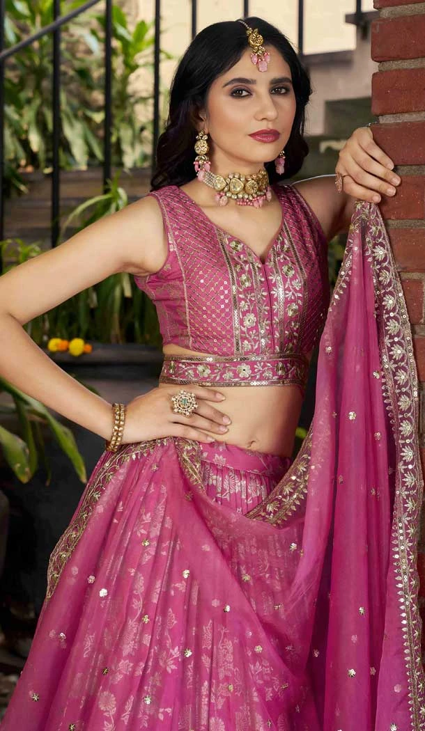 Pink Dola Silk Embroidery Work Designer Wear Lehenga Choli - 158438808