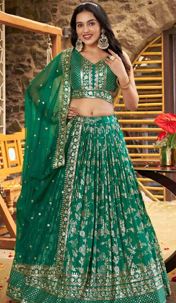 Rama Green Dola Silk Embroidery Work Designer Wear Lehenga Choli - 158438809