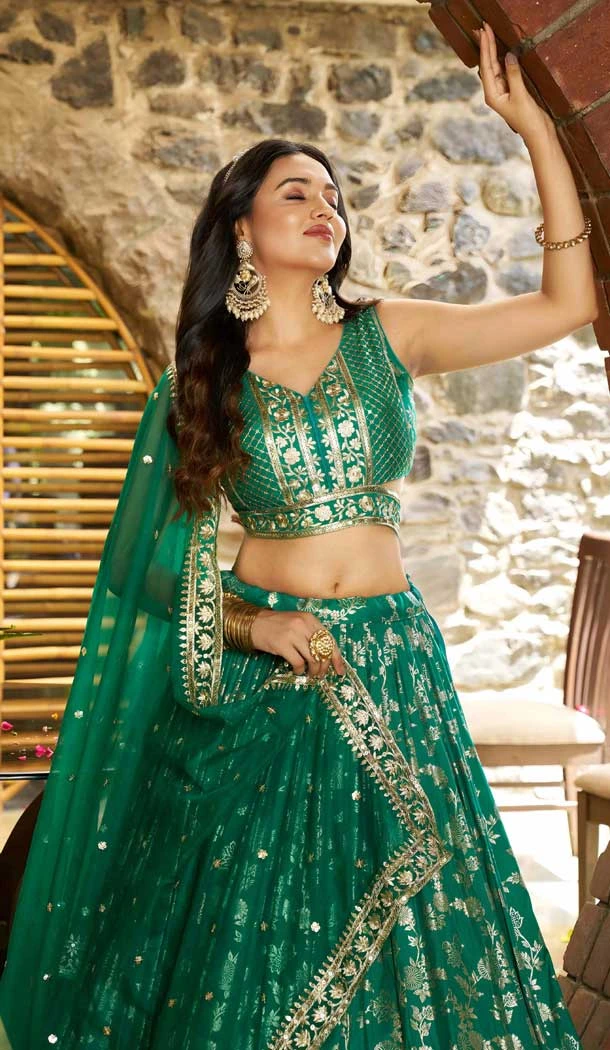 Rama Green Dola Silk Embroidery Work Designer Wear Lehenga Choli - 158438809