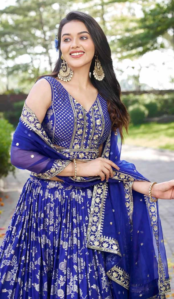 Royal Blue Dola Silk Embroidery Work Designer Wear Lehenga Choli - 158438811