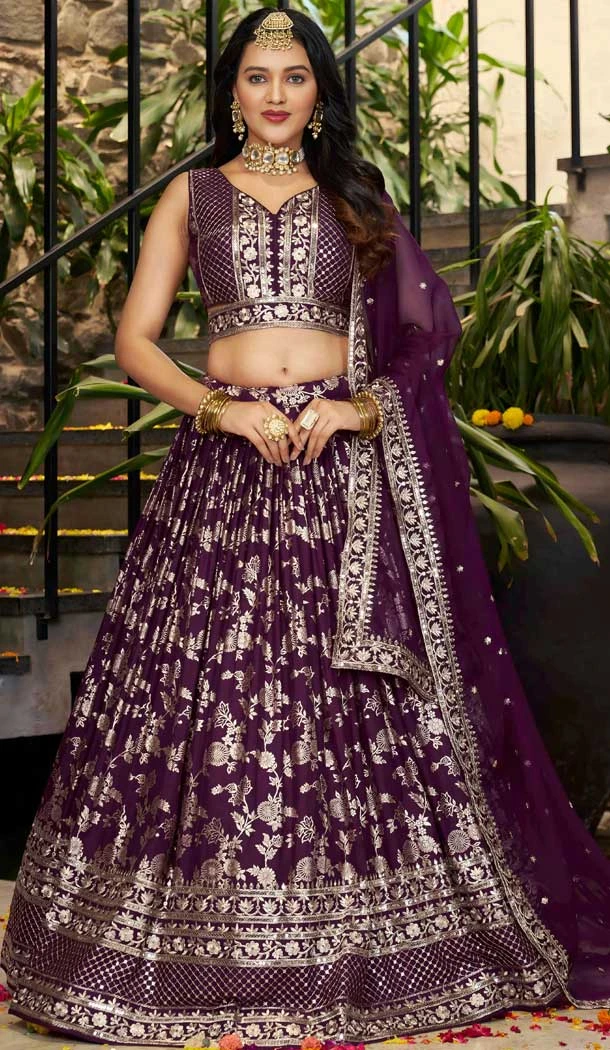 Wine Dola Silk Embroidery Work Designer Wear Lehenga Choli - 158438812