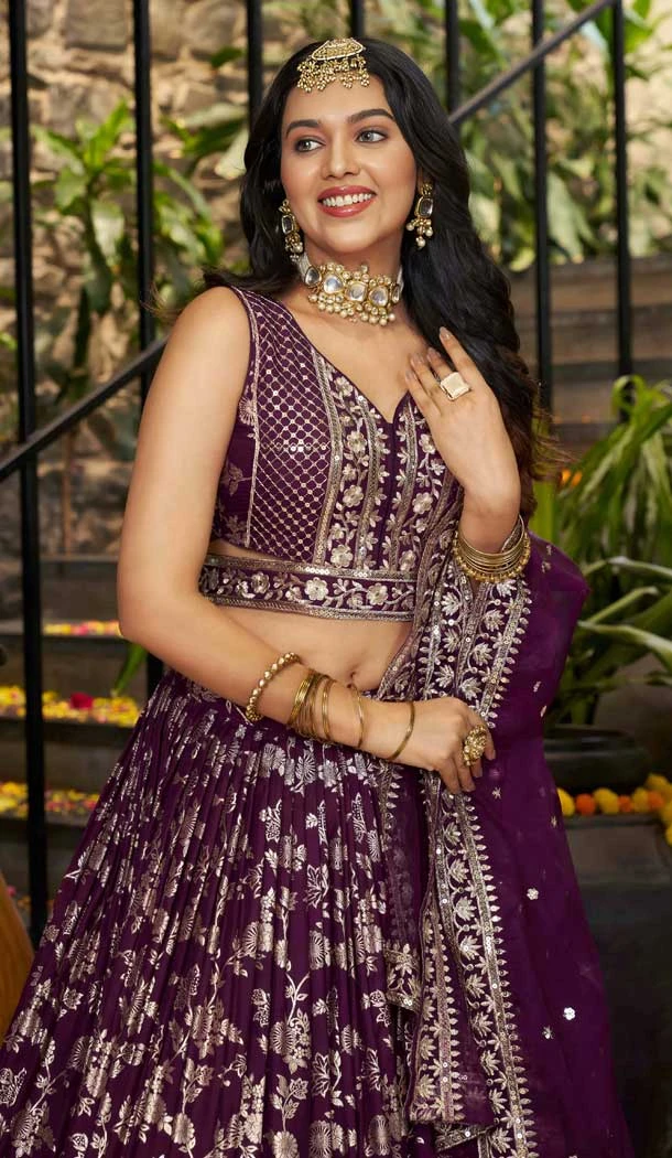 Wine Dola Silk Embroidery Work Designer Wear Lehenga Choli - 158438812