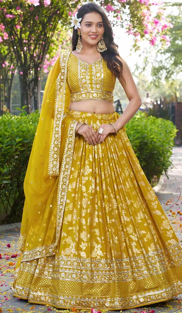 Yellow Dola Silk Embroidery Work Designer Wear Lehenga Choli - 158438813