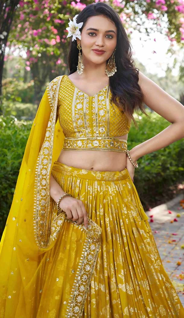 Yellow Dola Silk Embroidery Work Designer Wear Lehenga Choli - 158438813