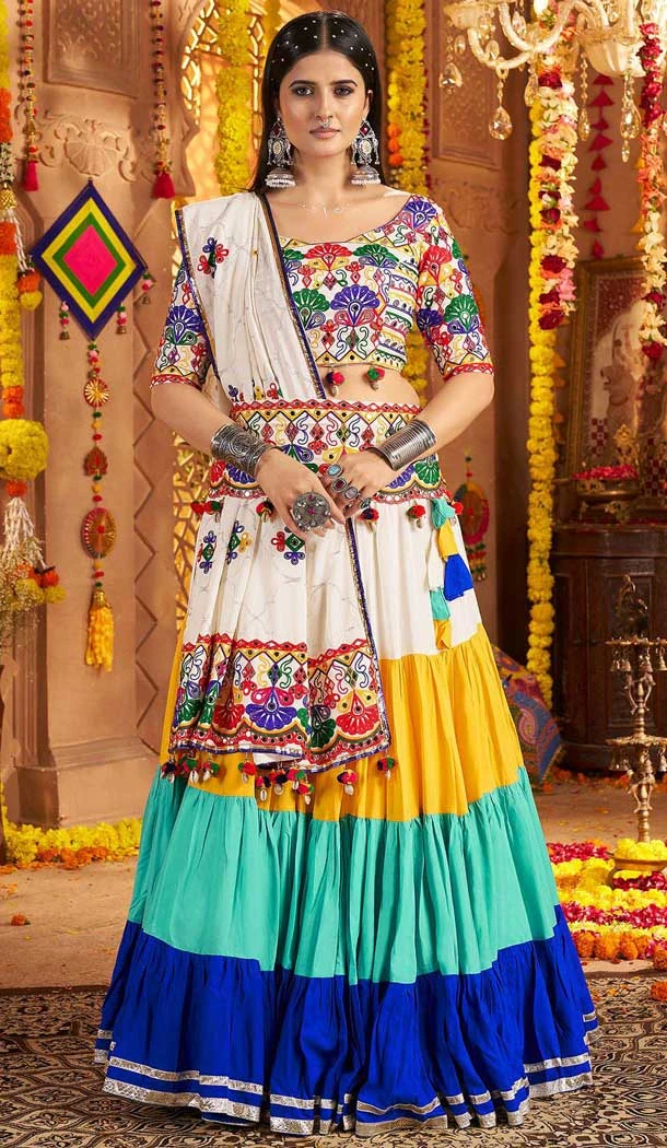 Navratri Special Viscose Cotton Embroidered Lehenga Choli In White Color - 158969096