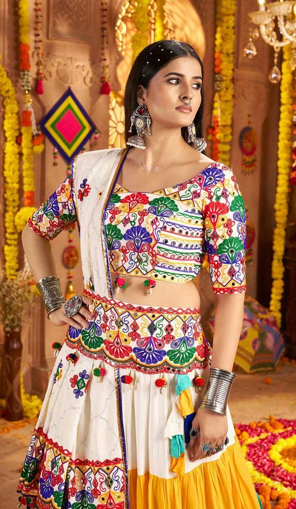 Navratri Special Viscose Cotton Embroidered Lehenga Choli In White Color - 158969096