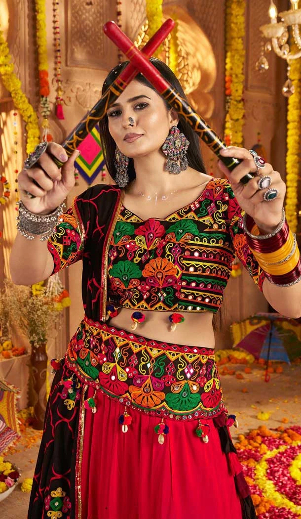 Black Color Navratri Special Viscose Cotton Embroidered Lehenga Choli - 158969097
