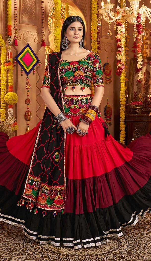 Black Color Navratri Special Viscose Cotton Embroidered Lehenga Choli - 158969097