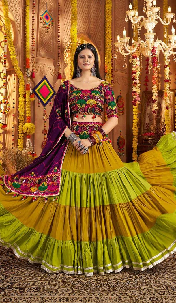 Navratri Special Viscose Cotton Embroidered Lehenga Choli In Green - 158969098