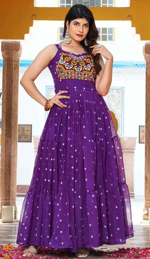 Navratri Special Georgette Gamathi Work Gown In Purple - 12992210457