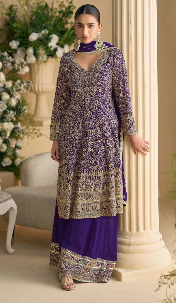 Designer Georgette Embroidered Party Wear Plazzo Suit In Purple - 157668314