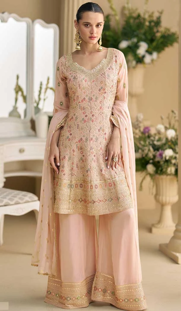 Designer Georgette Embroidered Party Wear Plazzo Suit In Peach - 157668315