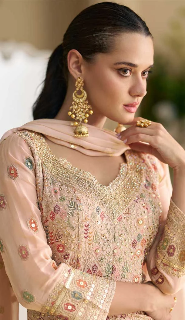 Designer Georgette Embroidered Party Wear Plazzo Suit In Peach - 157668315