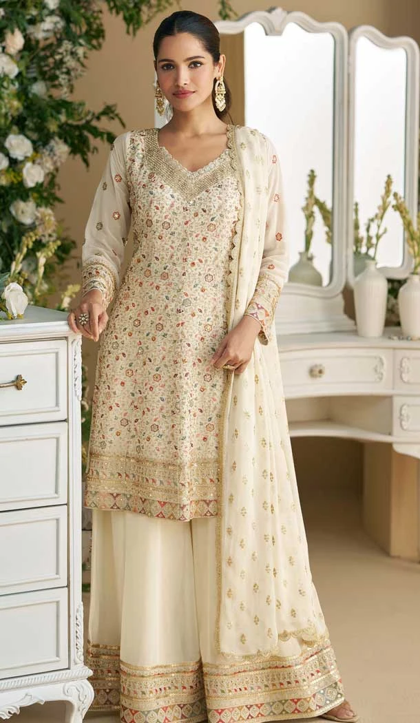Designer Georgette Embroidered Party Wear Plazzo Suit In White - 157668316