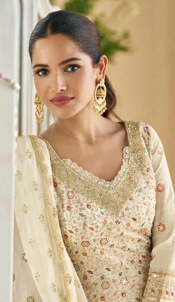 Designer Georgette Embroidered Party Wear Plazzo Suit In White - 157668316