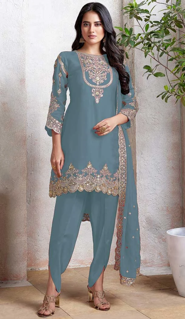 Sky Blue Faux Georgette Embroidered Punjabi Patiyala Salwar Suit - 157728336