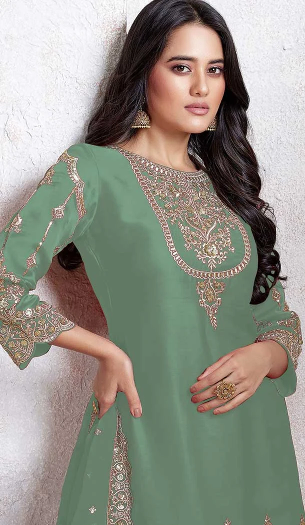 Pista Green Color Faux Georgette Embroidered Punjabi Patiyala Salwar Suit - 157728337
