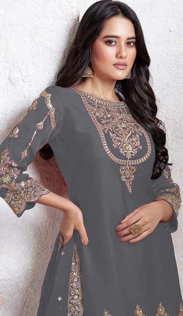 Grey Faux Georgette Embroidered Punjabi Patiyala Salwar Suit - 157728339