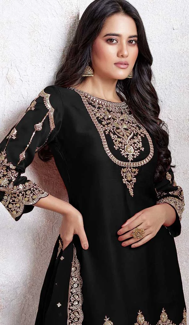 Black Faux Georgette Embroidered Punjabi Patiyala Salwar Suit - 157728340